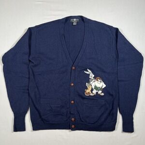 Vintage 1995‎ Warner Bros Studio Store Men's L 100% Wool Bugs Bunny Taz Cardigan
